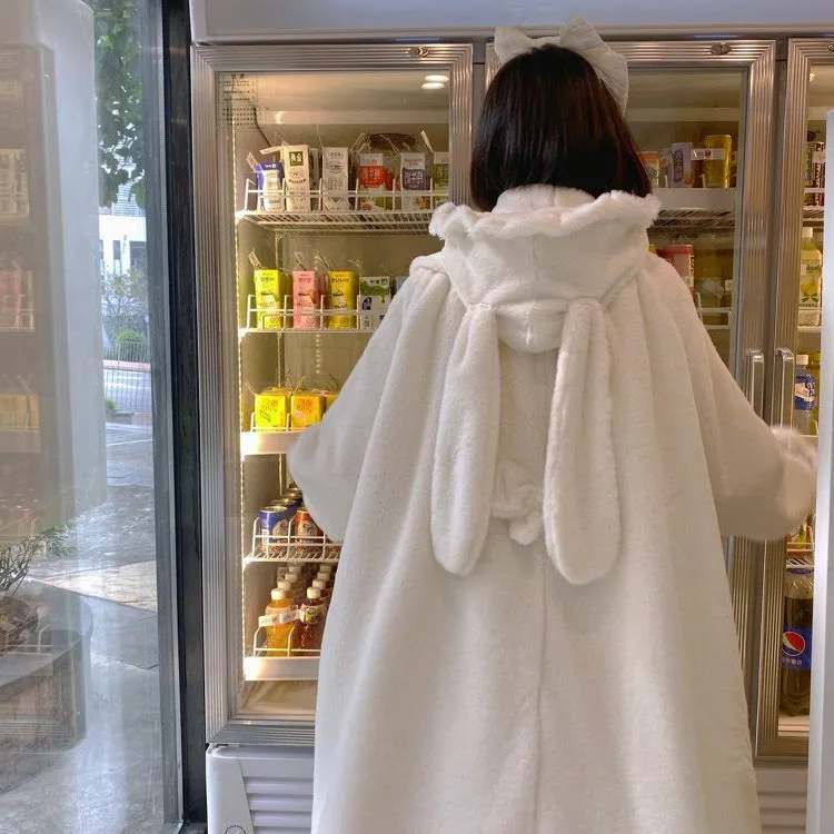 Japanese Girl Fleece-Lined Thickened Fur Coat Women Cute 2022 Autumn and Winter New Lolita Rabbit Ears Lolita White Plush Coats