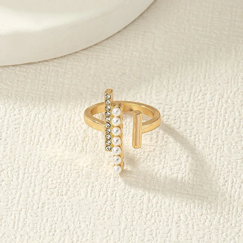 Модное прямоугольное кольцо с открытым белым жемчугом регулируемое серебряное