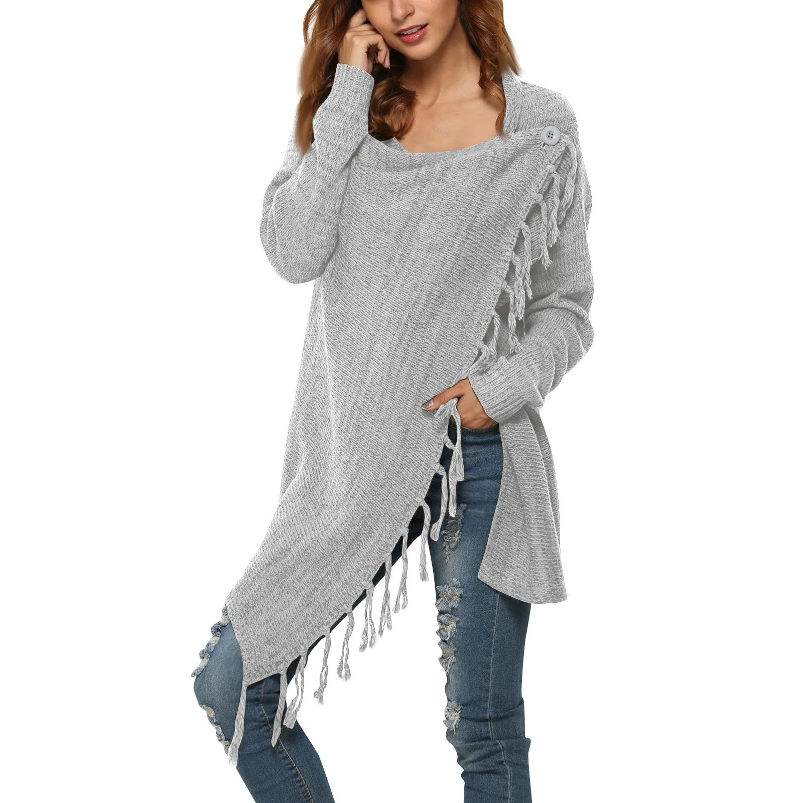 

Women's Fringed Hem Sweater Long Cardigan Knitted Pullover Cape Coat ladies fashion Loose knitwears sueters de mujer moda 2023
