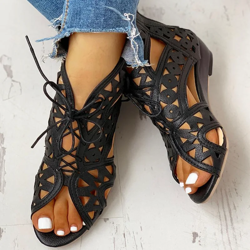 

2022 Woman Summer Shoelaces Gladiator Boot Sandals Leisure Wedge Heel Comfort Women Shoes Plus Size 35-43 Zapatillas De Mujer