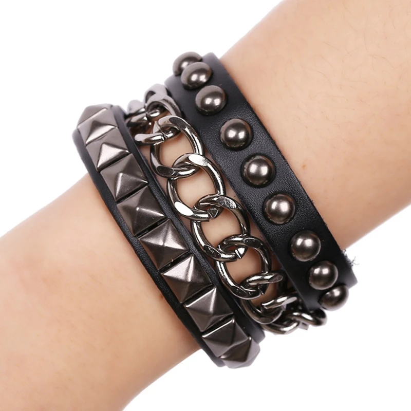 

Punk Rock Cuff Wrap Leather Bracelet Chain Spike Rivets Bracelet Gothic Bracelets Multilayer Bracelet Jewelry Adjustable