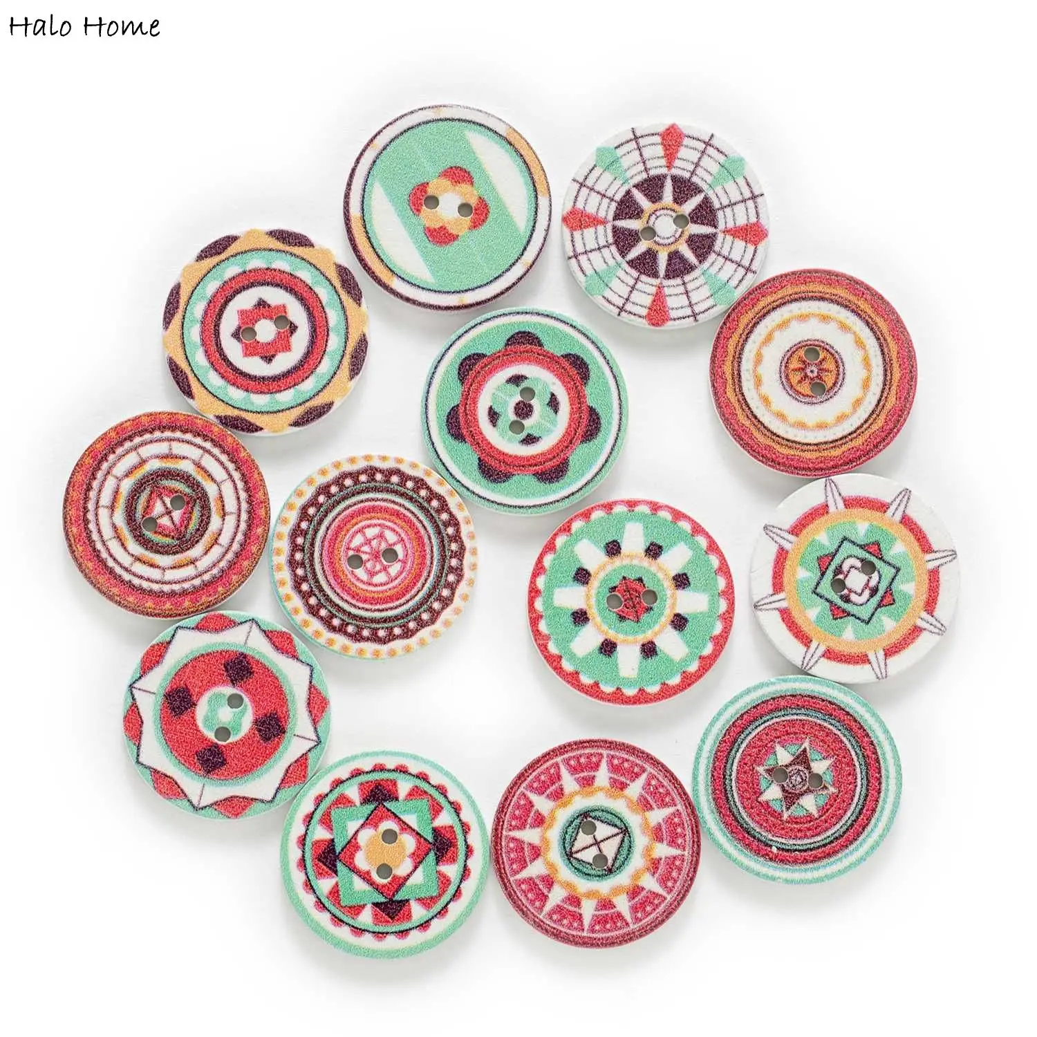 

50pcs Bright Color Retro Print Series Wooden Buttons Handwork Sewing Scrapbooking Clothing Crafts Accessories Gift Card 15-25mm