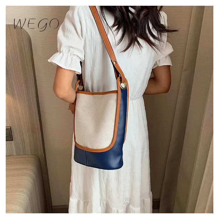 

Holiday Style Personality Female Bucket Bags Color-block Shoulder Literary Handbag Large Capacity Contrast Cross-body Canvas Bag