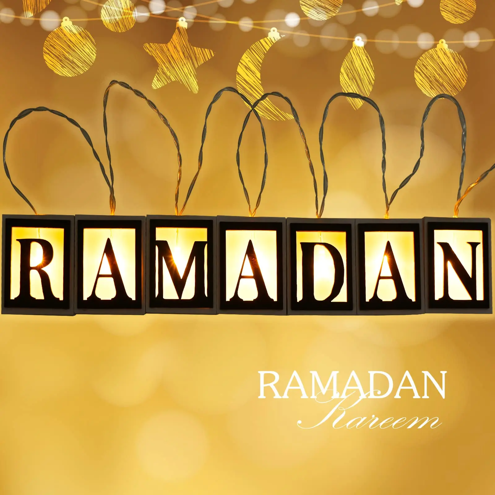 

Ramadan LED String Lights Decoration, Battery Operated Wooden Hollow Letters Pendant Lamp Decorative String Lights
