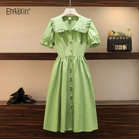 ehqaxin summer new womens dress sweet lace stitching navy neck elegant love single breasted green short sleeved dresses m 3xl