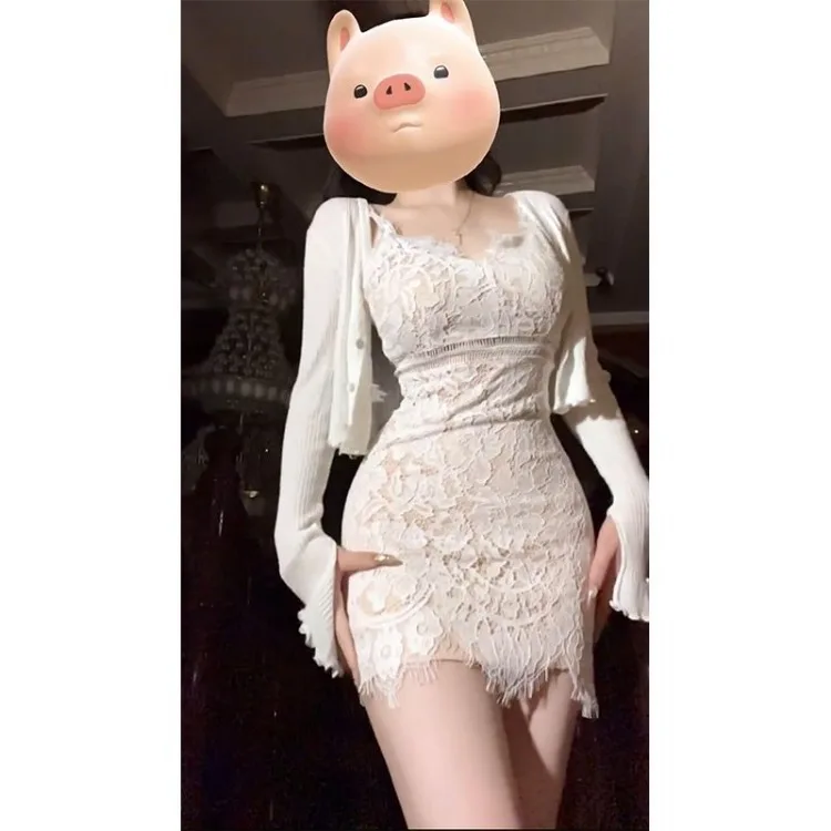 Женский облегающий комплект из двух предметов Винтажный кружевной топ-платье +