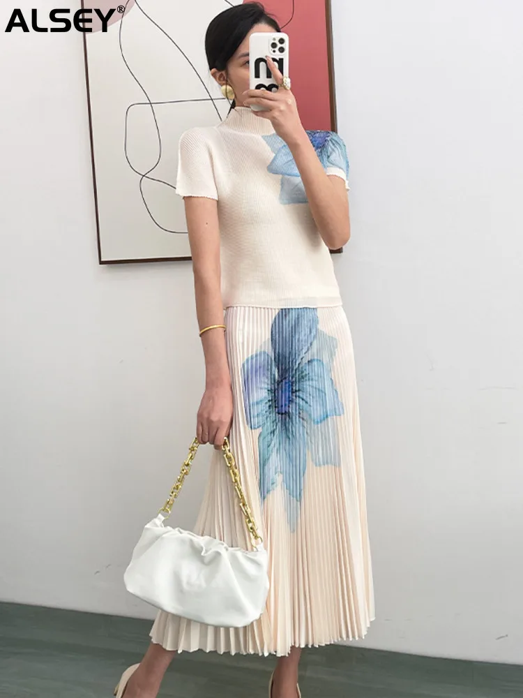 

Плиссированная модная короткая юбка ALSEY с принтом, юбка А-силуэта + модная женская футболка с коротким рукавом с принтом, элегантный комплект из двух предметов, новинка