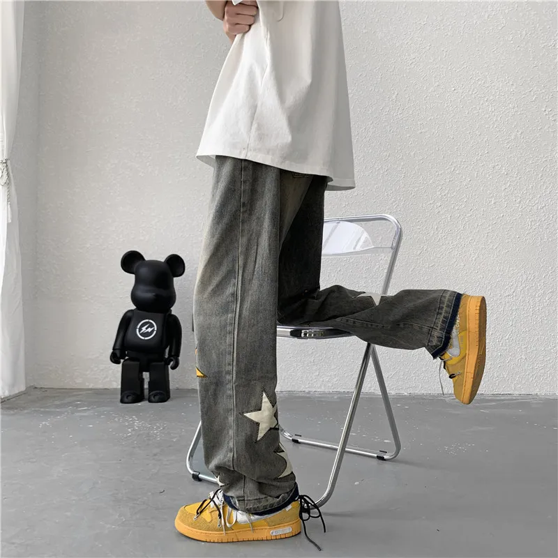High Street Jeans Men Fashion Hip Hop Streetwear Straight Pants Vintage Star Embroidery Denim Trousers Male Bottoms Y2K Clothes