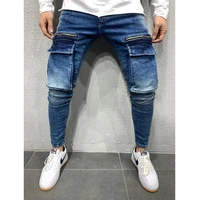 streetwear vintage overalls jeans men zipper mid waist jeans men slim fit pocket stitching hip hop sports denim pencil pants