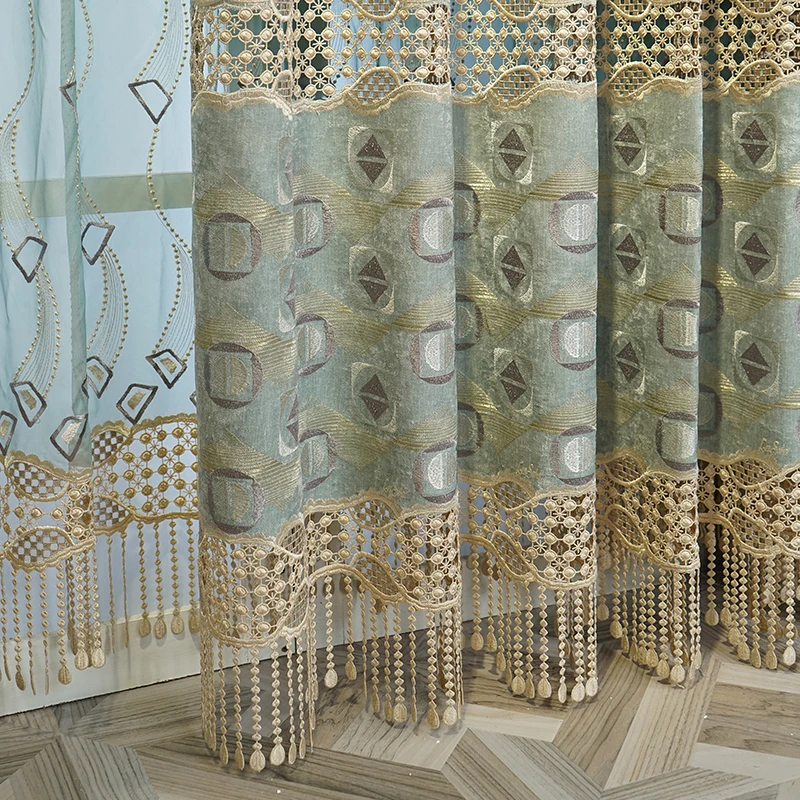 Новые мятно-зеленые полые вышитые синельные толстые шторы для гостиной спальни