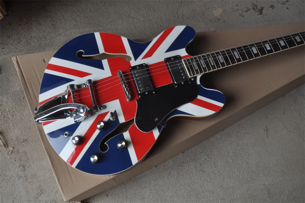 

free Shipping Factory Custom national flag pattern top Semi Hollow Body Jazz Electric Guitar With Bigsby Tremolo stock 202238