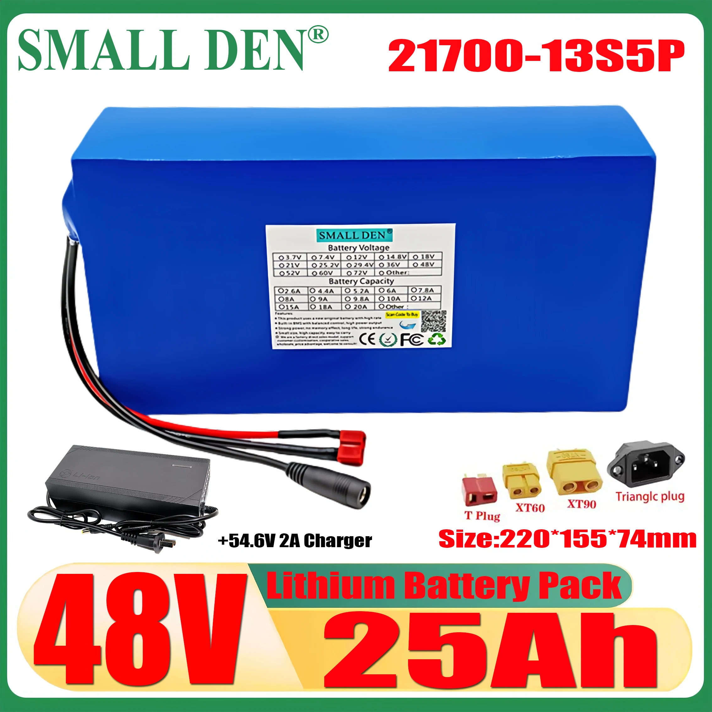 Новая литиевая батарея 48 В 25 Ач 21700 13S5P 30 А с защитой BMS подходит для мощных