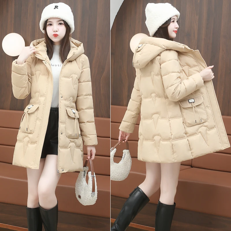 Пуховик средней длины с капюшоном одежда хлопковой подкладкой 2024 женское новое