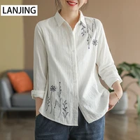 2022 spring cotton top simple literary ladies long sleeved shirt loose floral embroidery shirt vintage top button up linen