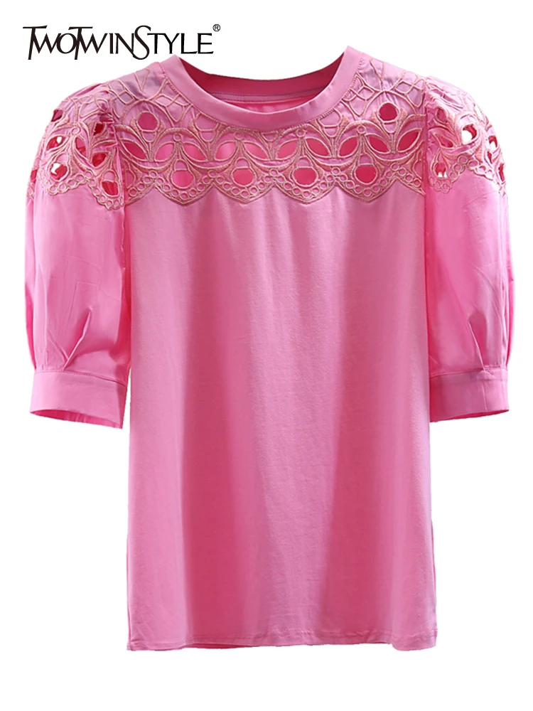 

TWOTWINSTYLE Solid T Shirt For Women Round Neck Short Sleeve Loose Cut Out T Shirts Women's Clothes Summer 2022 Fashion Style