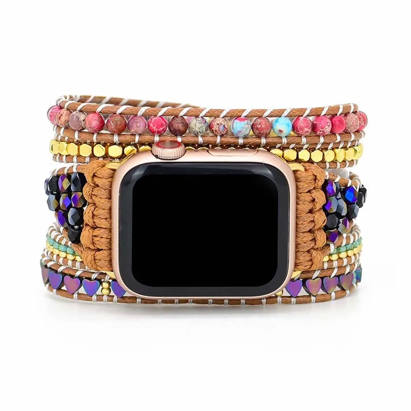 Natural Love Black Gallstone Emperor Stone Strap for Apple Watch Bands 38 41 42 45mm Multilayer Wrap Bracelet for Iwatch Series