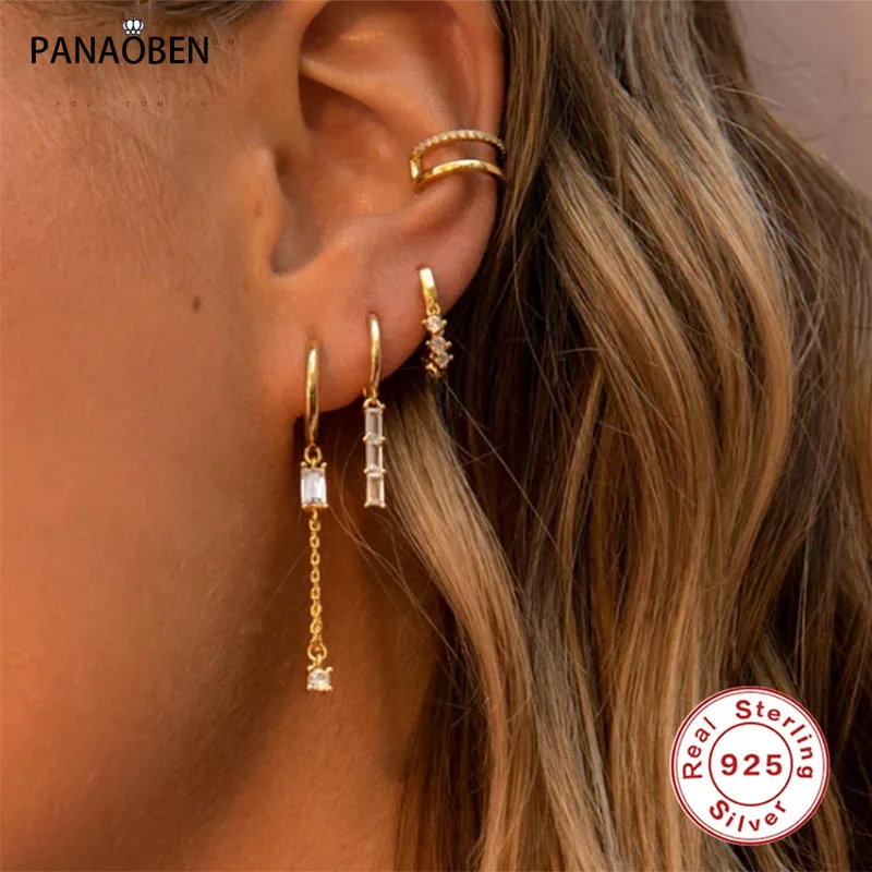 

PANAOBEN 925 Sterling Silver Fashion Elegant Semicircle Shape Square Crystals Stud Earrings for Women Wedding Piercing Jewelry