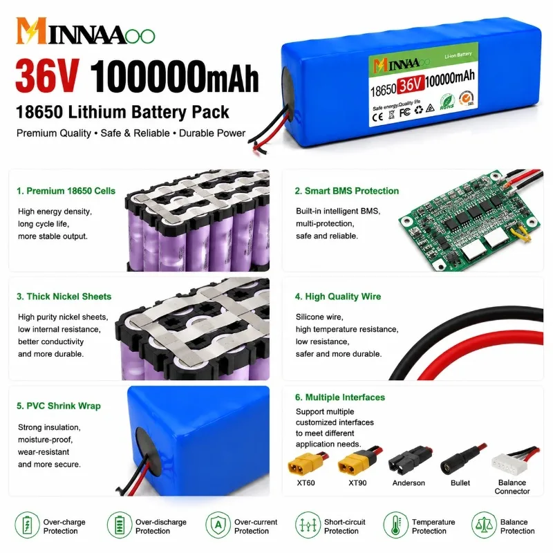 Аккумуляторная батарея MINNAAOO 36В 100000мАч Li-ion с разъемом XT60 и BMS для самоката Xiaomi M365 (art.: 3920dc31fdcb7) - 3920dc31fdcb7