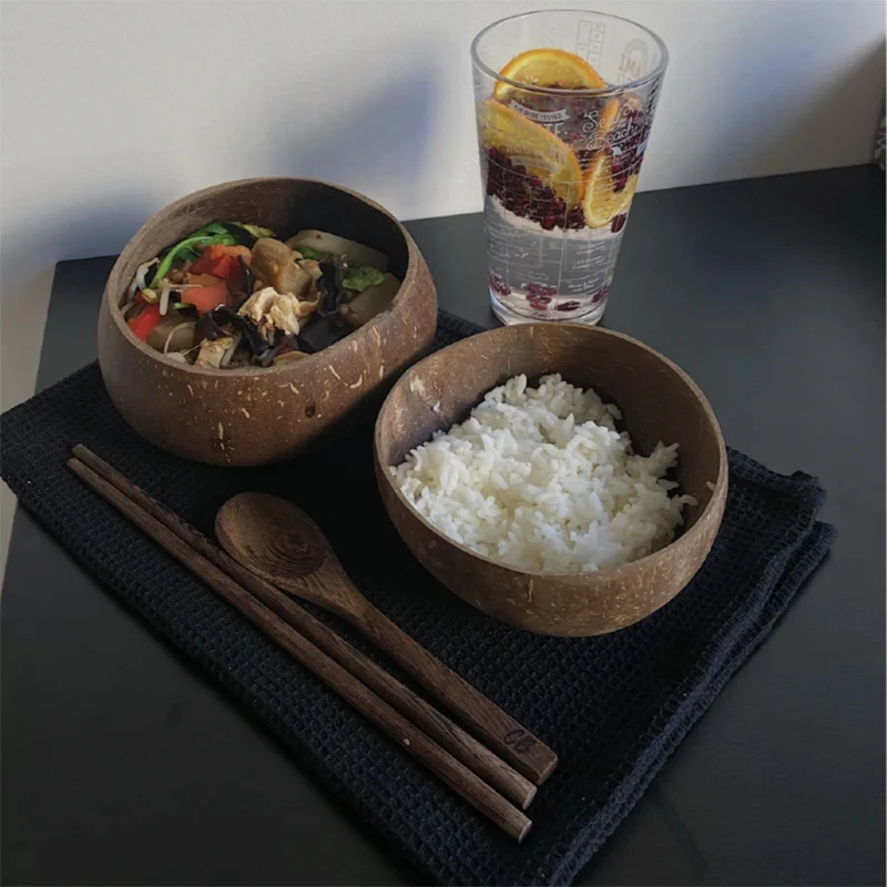 3 Pcs/6pcs Bowl Set Natural Coconut Bowl Environmental Soup Noodle Rice Bowl Wooden Fruit Container Handicraft Kitchenware Bowl