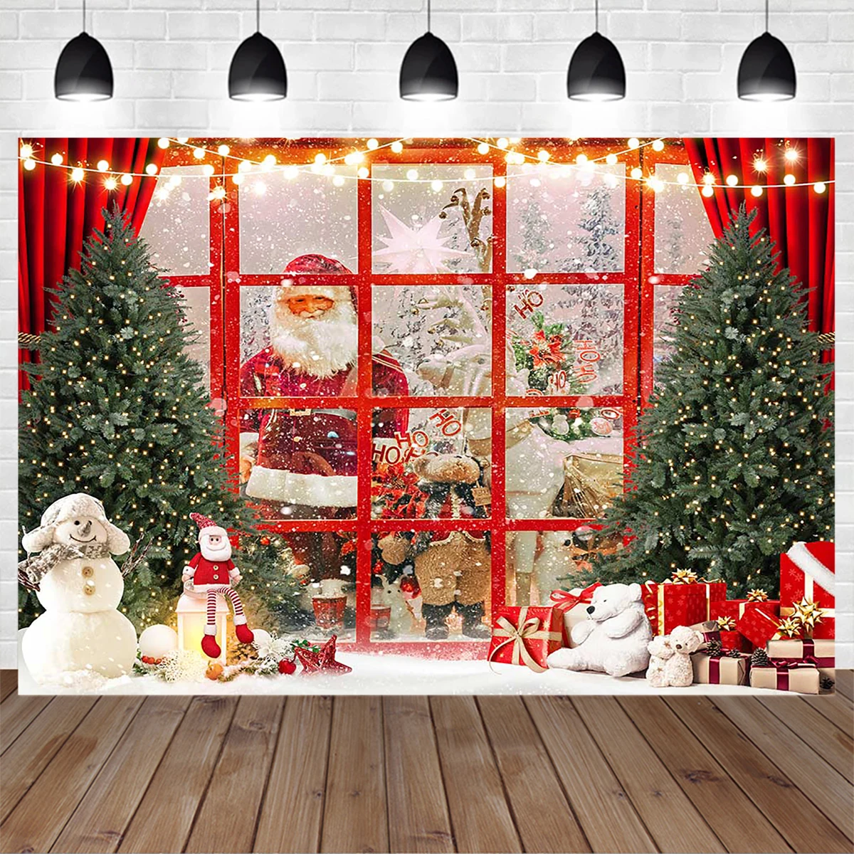 

Mocsicka Christmas Santa Claus Backdrop Photography Xmas Tree Gift Window Light Background Baby Birthday Children Portrait Photo