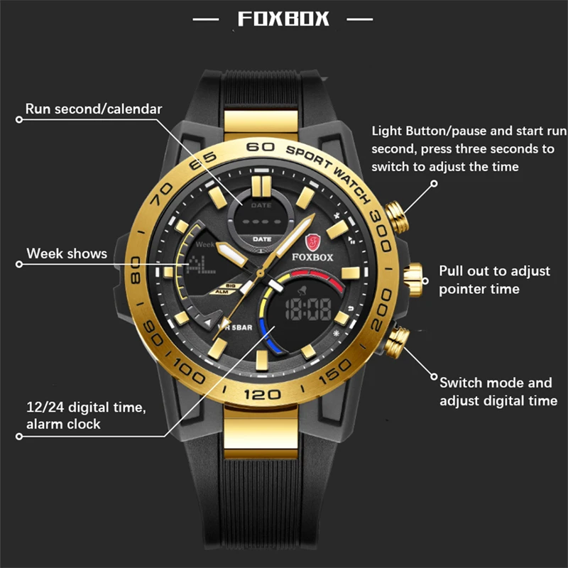 Часы FOXBOX Мужские кварцевые модные водонепроницаемые цифровые в стиле милитари с