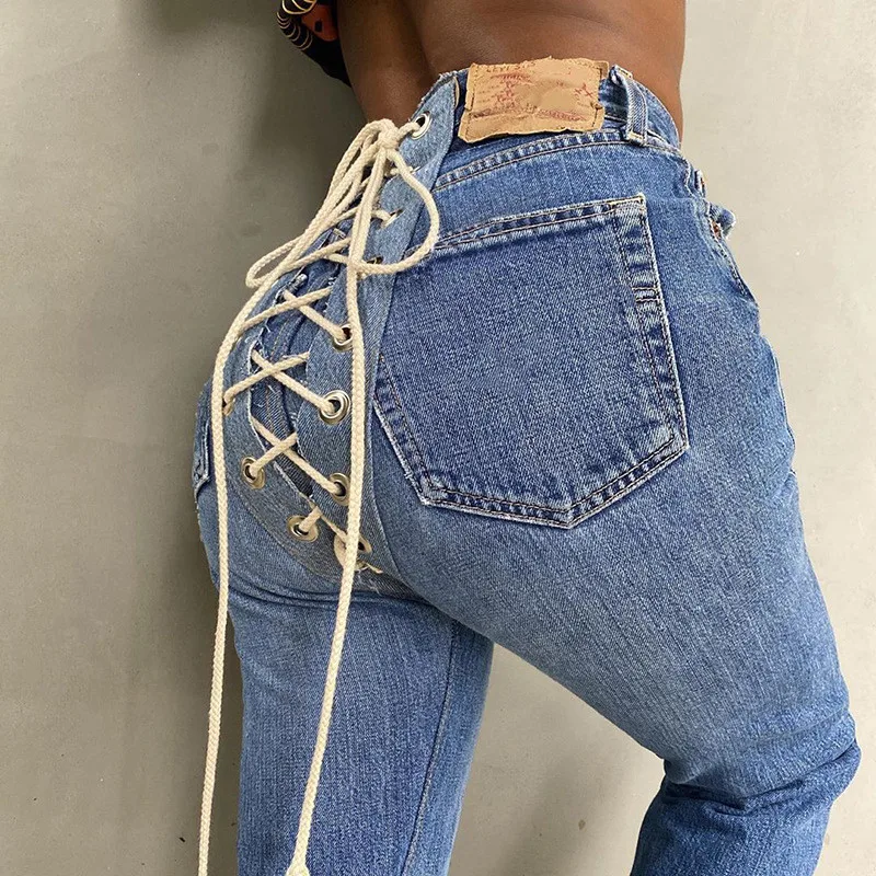 

Sexy Jeans Autumn Winter Women Fashion Streetwear Outfits TrousersNEW 2022 Spring High Waits Bandage