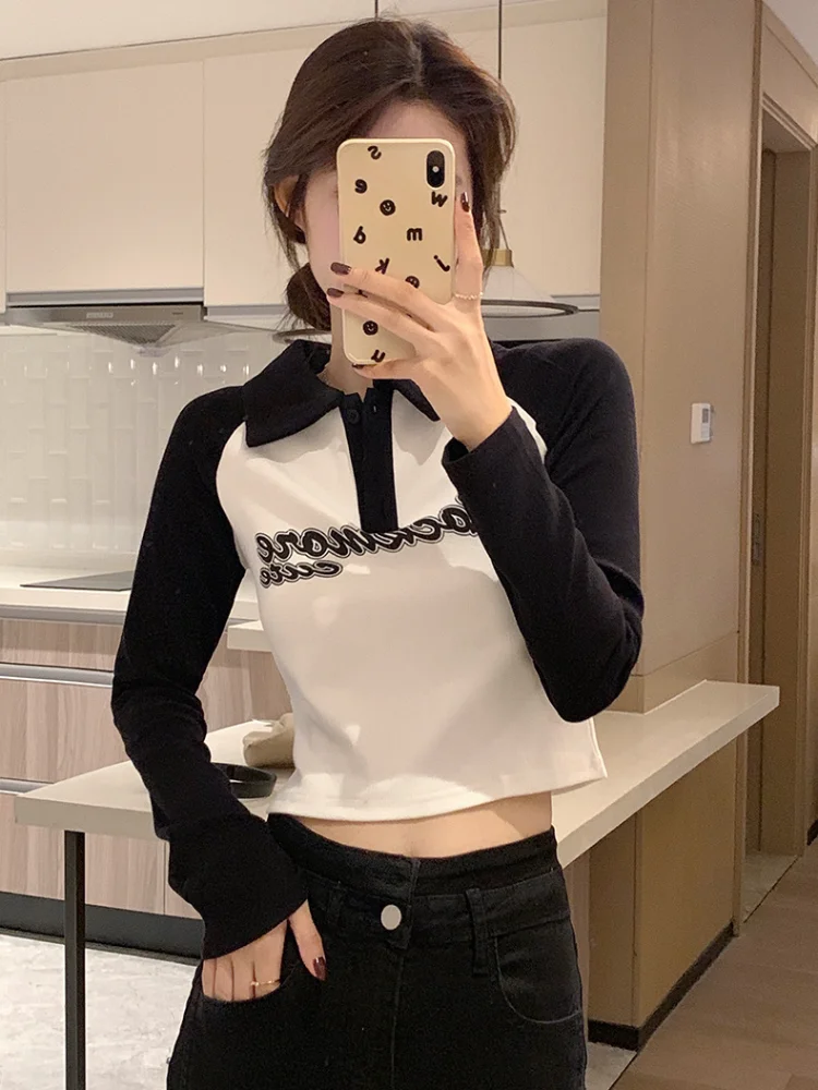 

Женская футболка с длинным рукавом и отложным воротником, в американском стиле