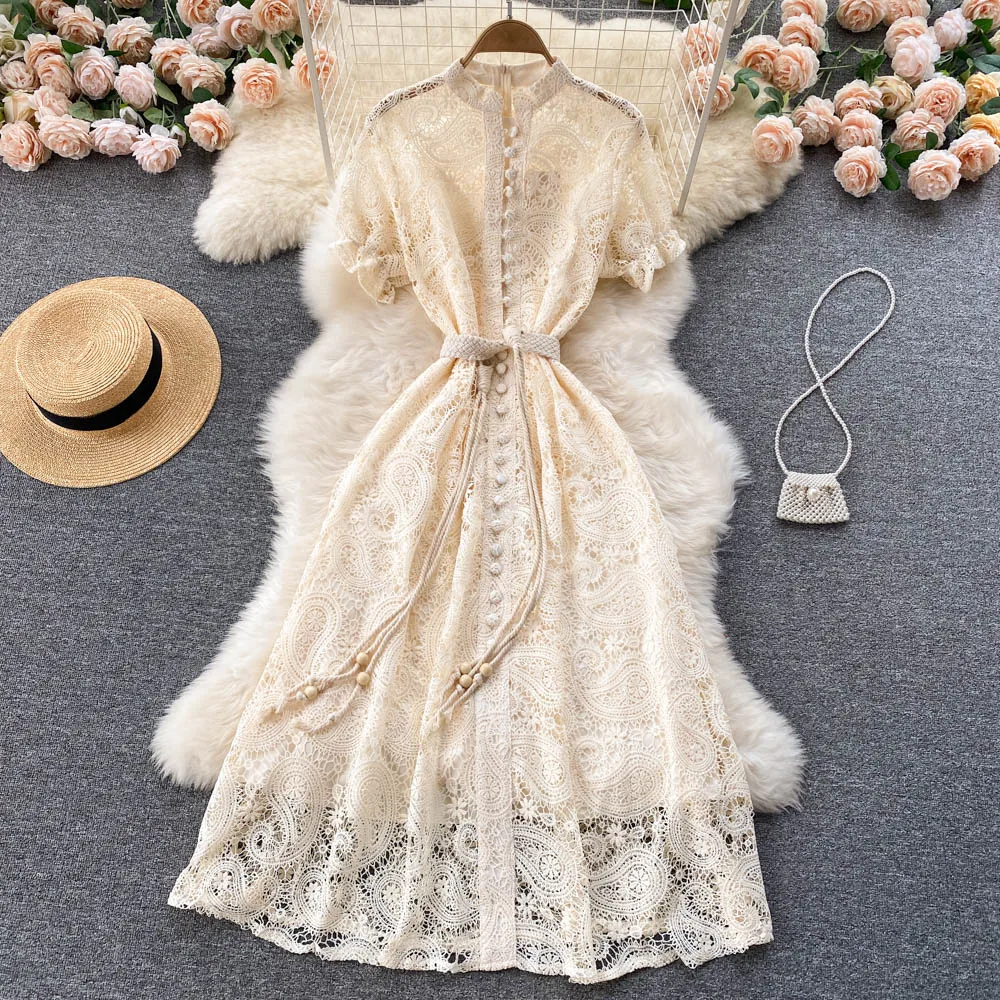 Vintage French Lace Dress Women Elegant Puff Sleeve Hollow A-line Dresses 2022 New Summer Fashion Streetwear Midi Robe Femme