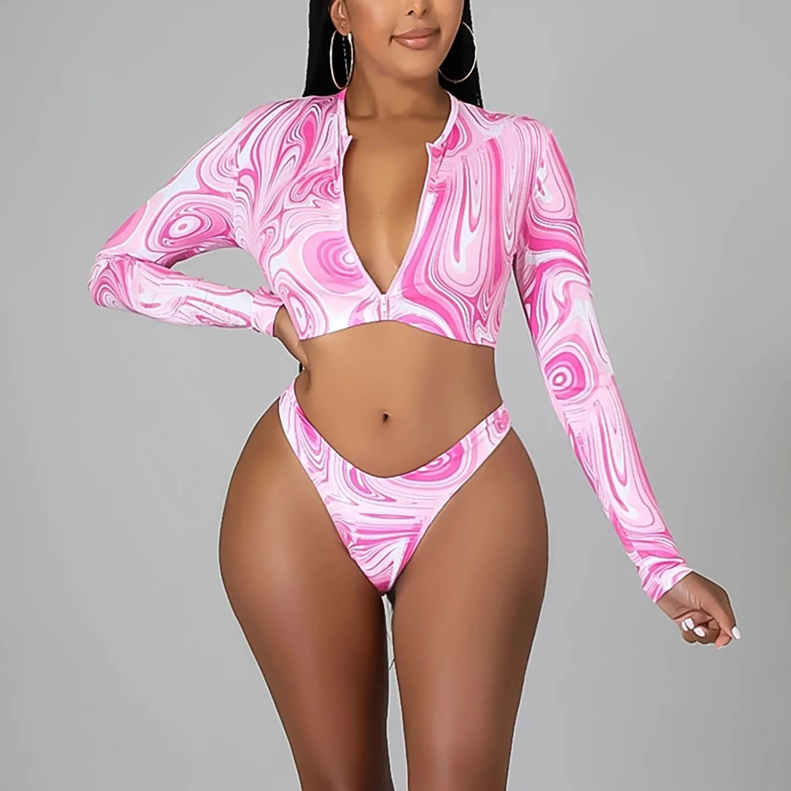 

Купальник женский на молнии, пикантное бикини с открытой спиной, комплект бикини, купальный костюм, Бралетт с длинным рукавом и принтом, пля...