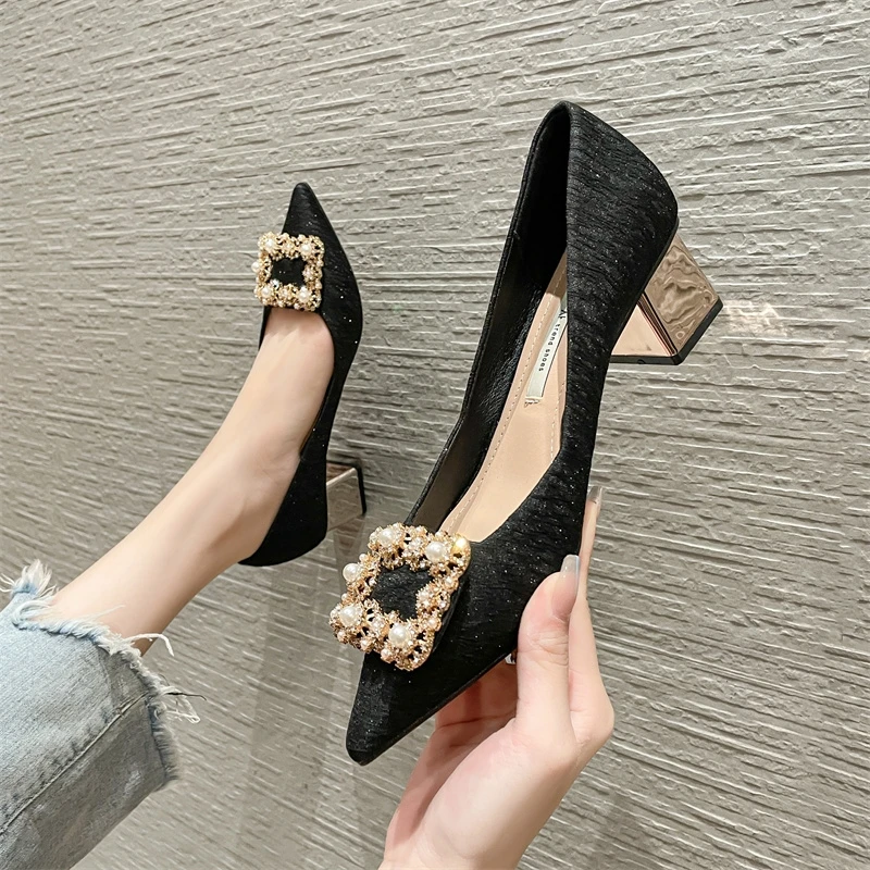 

Rimocy Luxury Pearl Buckle Pumps Womens Shoes 2022 Fashion Satin Pointed Toe Party Shoes Women Slip on Square Heel Pumps Woman