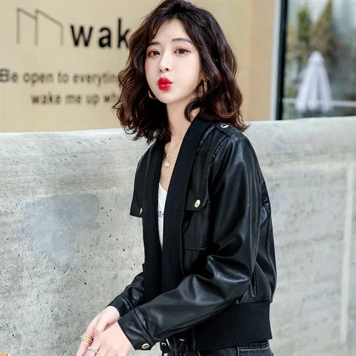 LXUNYI Spring Autumn 2022 Women Leather Jacket Long Sleeve Casual PU Leather Coat Fashion Knitted Casual Patchwork Short Coat