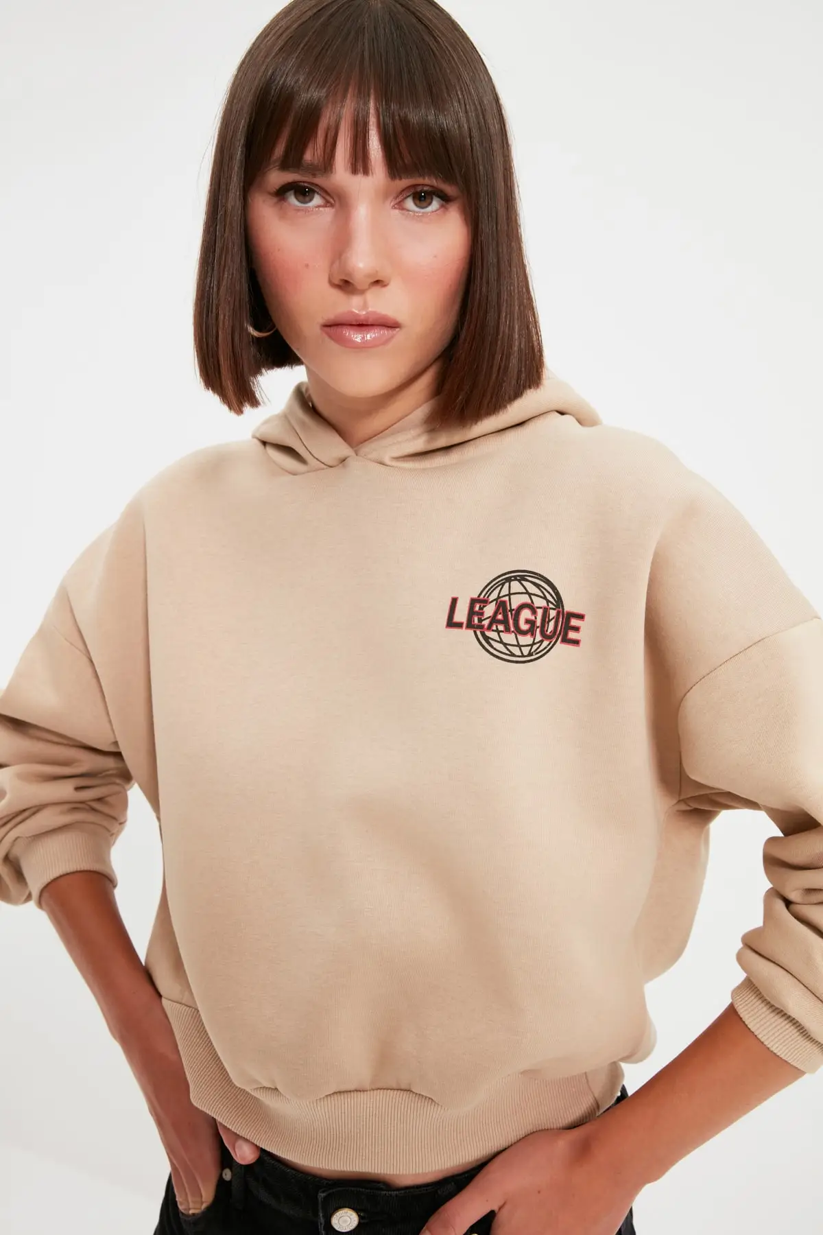 

Beige Back Print Detailed Hooded Knitted Şardonlu Sweatshirt
