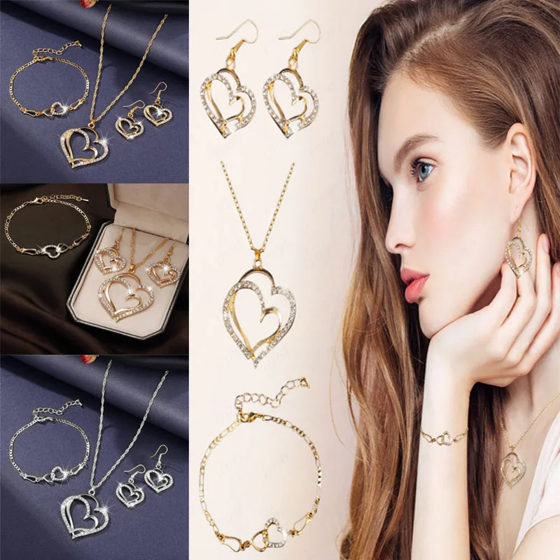 

2022 Luxury Simple Hollow Double Heart Necklace Exquisite Crystal Zircon Pendant Chain Female Wedding High Quality Jewelry