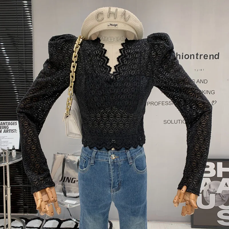 

Новинка, женская одежда, осень 2022, кружевная пикантная рубашка с V-образным вырезом, короткими плечами и длинными рукавами, топ, блуза