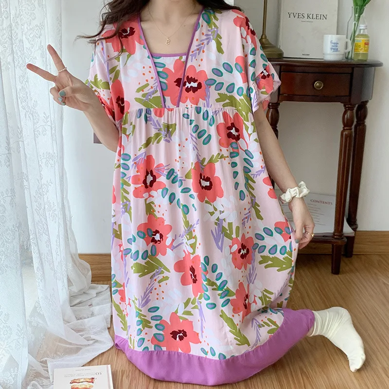 Summer Night Gown For Women Extra Large Short Sleeved Cotton Silk Nightdress Loose Nighty Dor Ladies