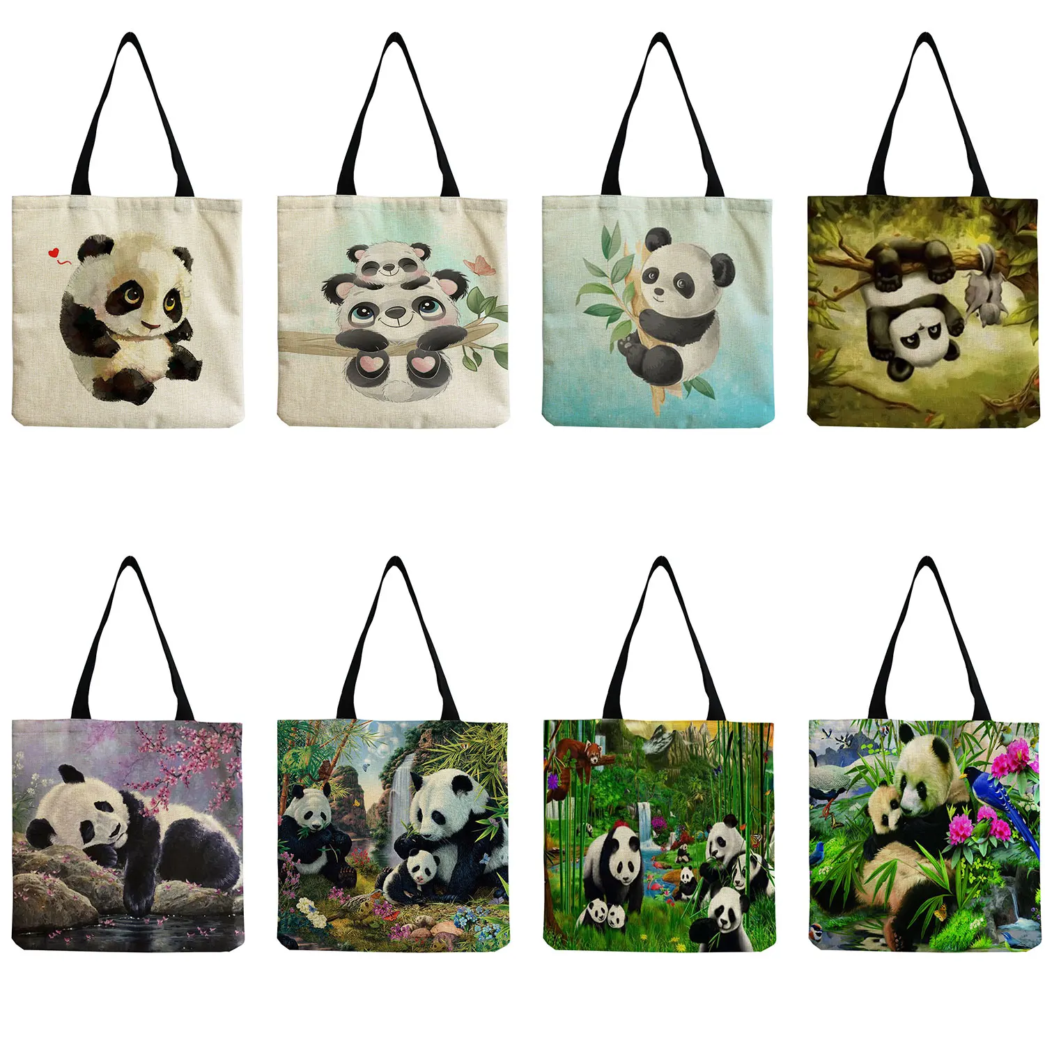 

Large Capacity Chinese Style Panda Print Outdoor Lady Tote Bag Shopper Bag Eco-Friendly Women's Shoulder Bag School Teacher Gift