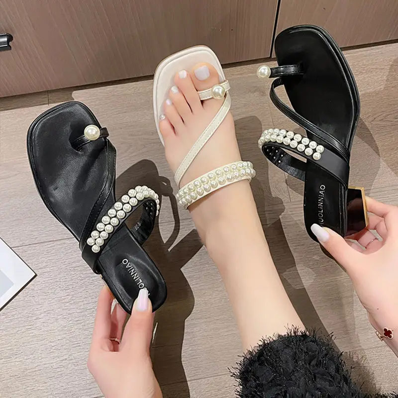 

House Slippers Platform Shoes Rubber Flip Flops Beige Heeled Sandals String Bead Slipers Women Square heel Med Slides Hawaiian B