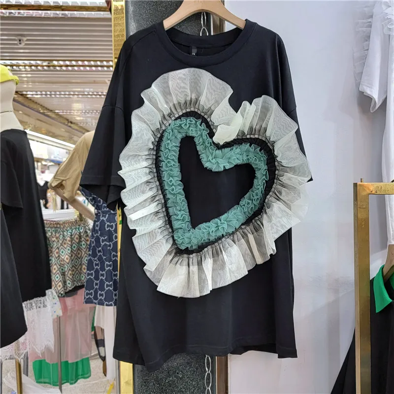 

Summer Oversized Tees 2022 New Fashion Love Mesh Stitching Mid-long Short Sleeve T-shirt O-neck Casual White Cotton Pullover Top