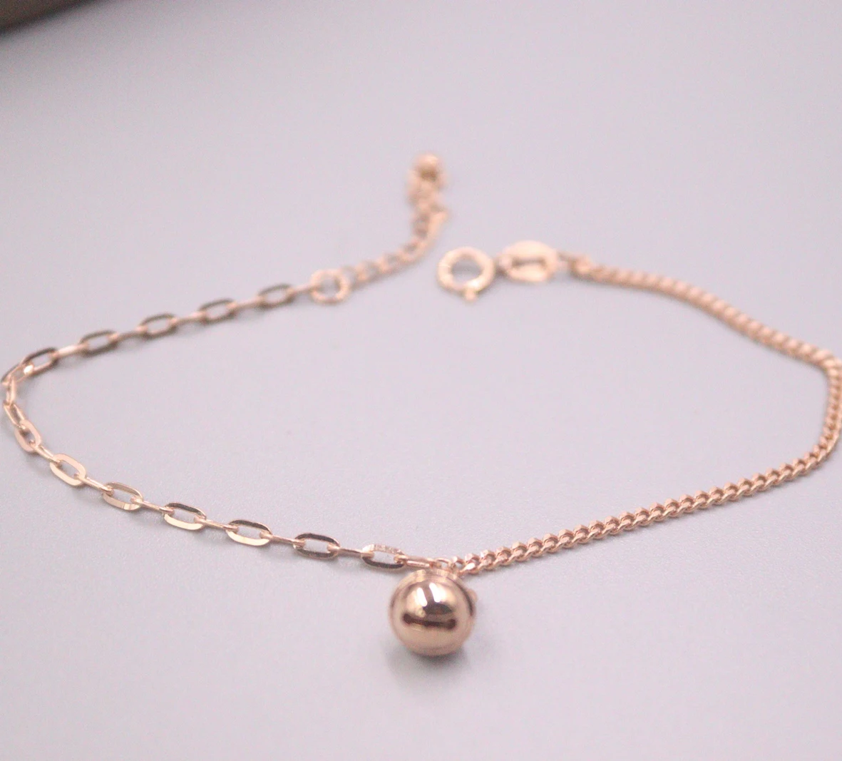 

Pure 18K Rose Gold Bracelet For Women Cat Bell Charm Curb Link 16cm Add 2.5cm Extender Length Stamp Au750