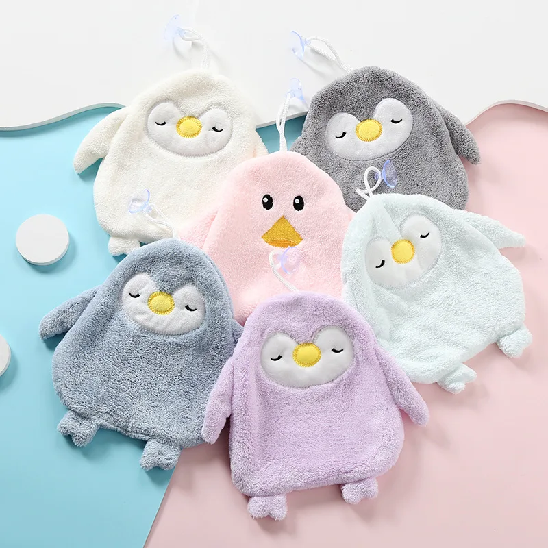 

Вельветовое полотенце из кораллового бархата для кухни и ванной комнаты, полотенце для рук с мультяшным пингвином, поглощающее воду полоте...