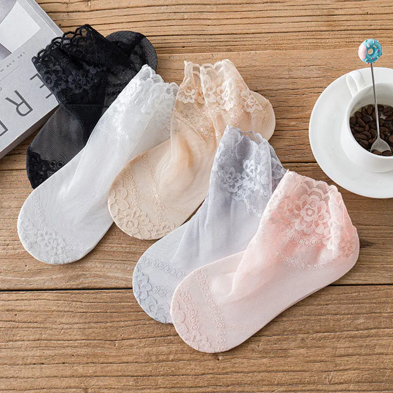 

5pairs Women Sexy Lace Socks Transparent Mesh Ankle Socks Ladies Ultra-Thin Princess Tulle Socks Female Accessories