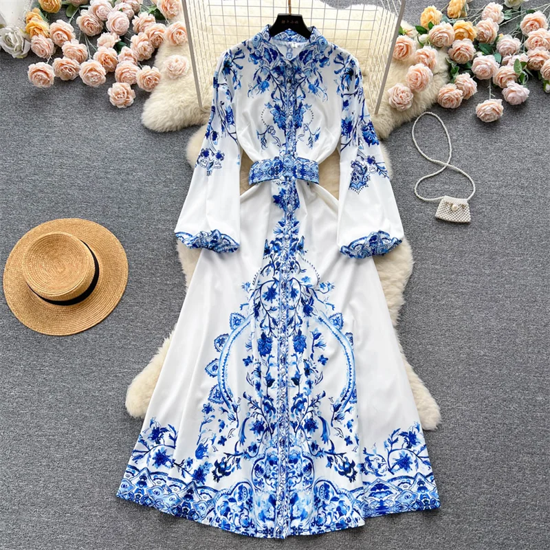 

Женское длинное платье с поясом, элегантное белое однобортное приталенное платье с винтажным принтом, отложным воротником и рукавами-фонар...