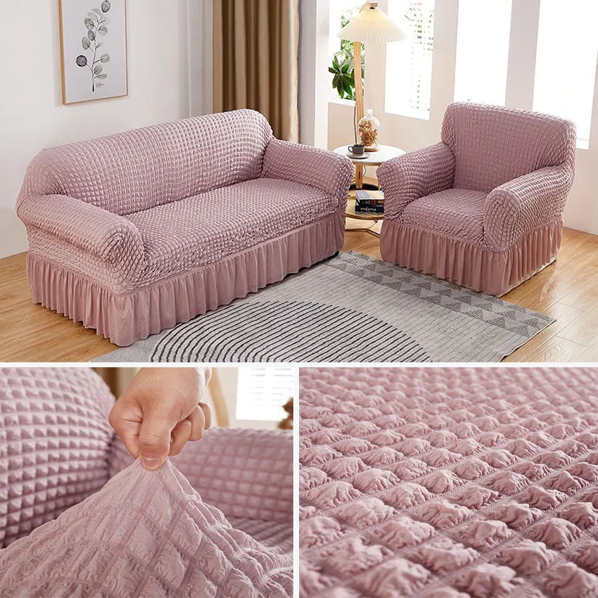 

Sofa Slipcover Pink Seersucker Sofa Cover Easy Fitted Couch Covers Universal High Stretch Durable Furniture Protector with Skirt