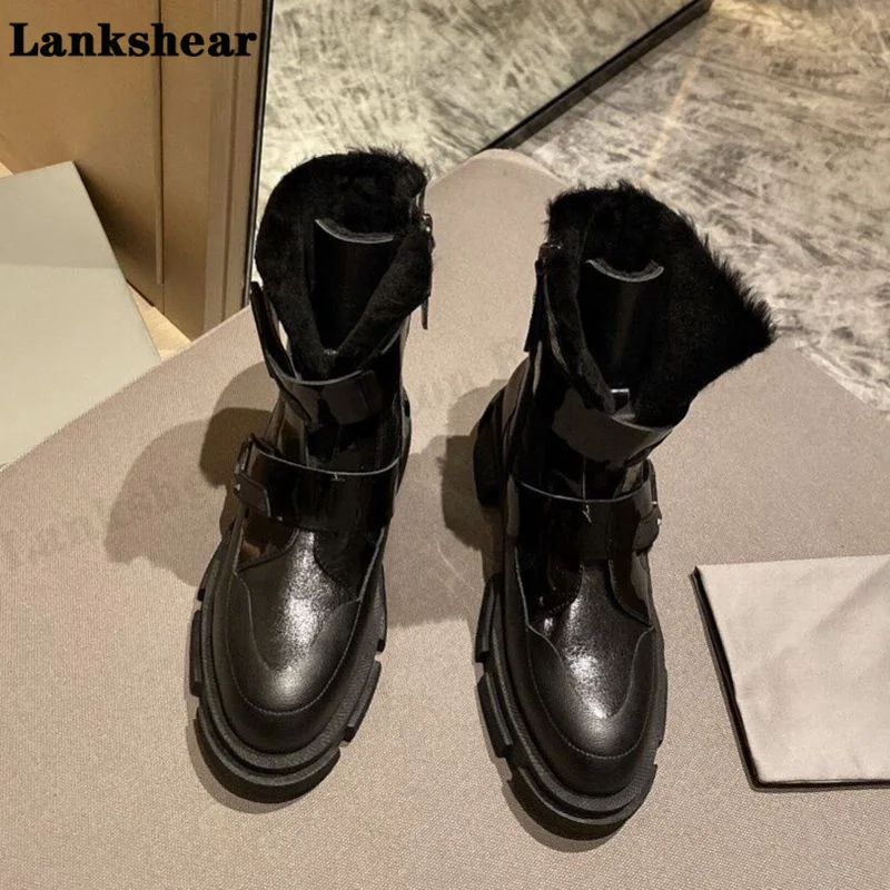 2022 New Thick Bottom Wool Mid-Tube Boots Female Leather British Windmill Boots Plus Velvet Snow Boots Wool Thermal Boots
