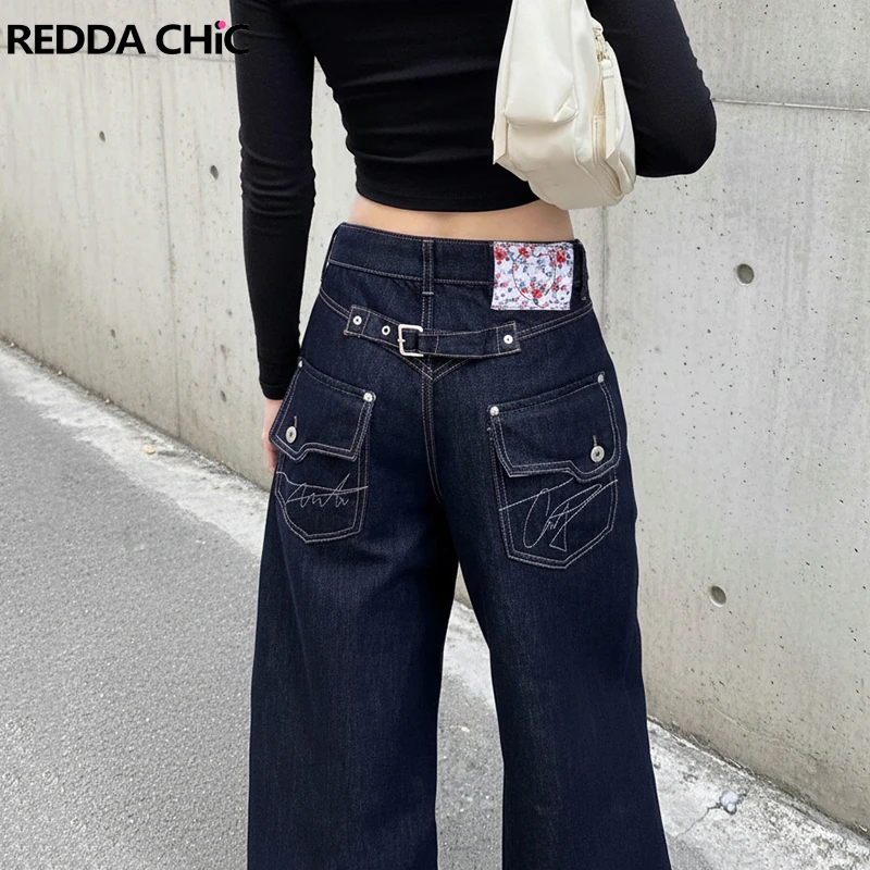 Фото REDDACHiC женские мешковатые джинсы с цветочным принтом и карманами, прямые широкие брюки с низкой талией, джинсовые брюки в стиле ретро, повседневная корейская одежда №1