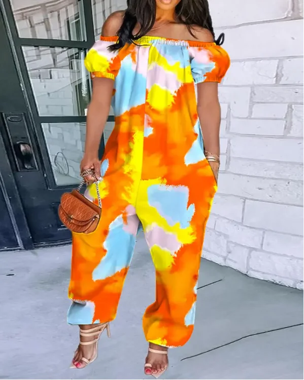 Tie Dye Print Off Shoulder Cuffed Jumpsuit women summer 2022 new fashion