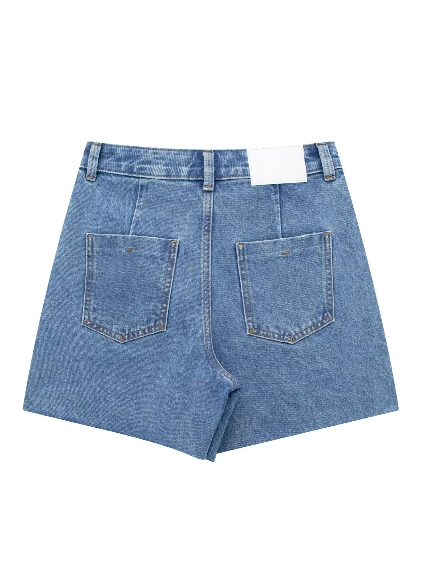 Summer Women's Blue Big Pocket Tassel Edge High Waist Zipper Metal Button Design Straight Leg Denim Shorts Casual Style
