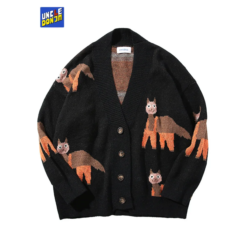 

UNCLEDONJM мультфильм Кот свитер куртка Мужская Уличная Ретро трендовая кофта вязаный свитер осень и зима Харадзюку повседневное пальто