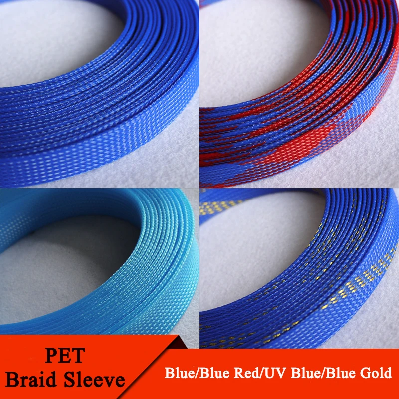 

1/5/10M Blue-Gold-Red PET Braided Wire Cable Sleeve 3 4 6 8 10 12 16 20 25 30 40mm Tight High Density Expandable