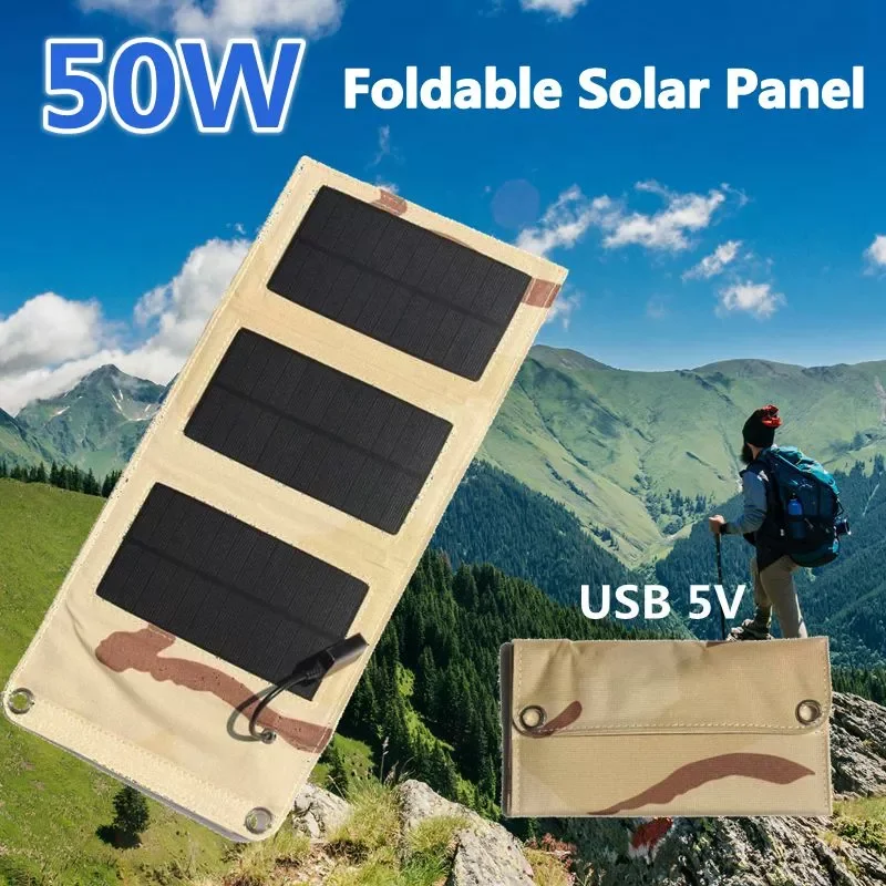 

New 50W Folding Solar Charger USB 5V Waterproof Solar Battery Portable Solar Panel Bag Mobile Power for Outdoor Camping Hiking